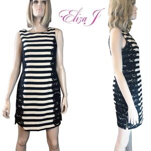 Eliza J Dress Rayon Blend Sheath Lace Lacy Stripes Scuba Sleeveless
